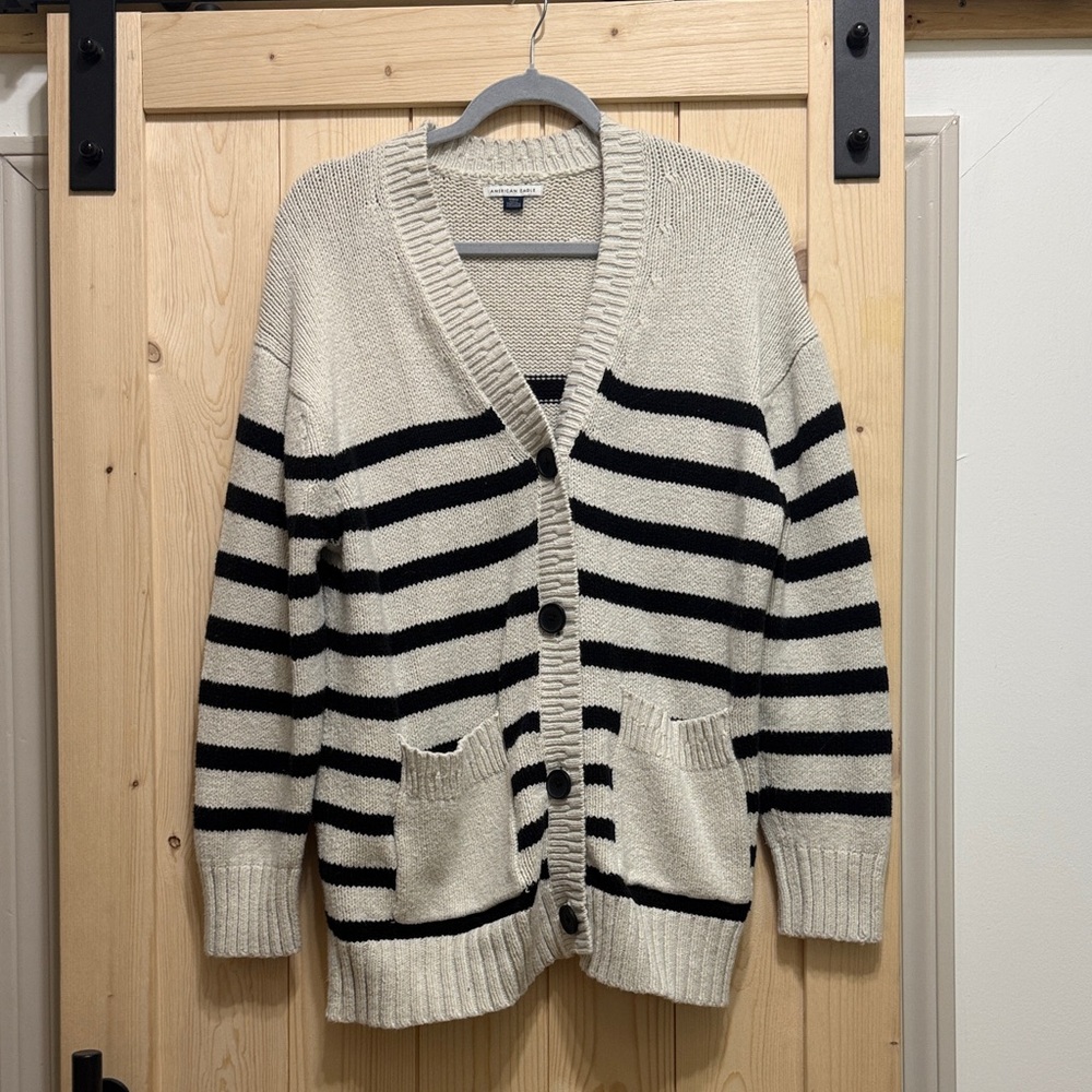 American Eagle Outfitters Cream and Black Striped Button Cardigan